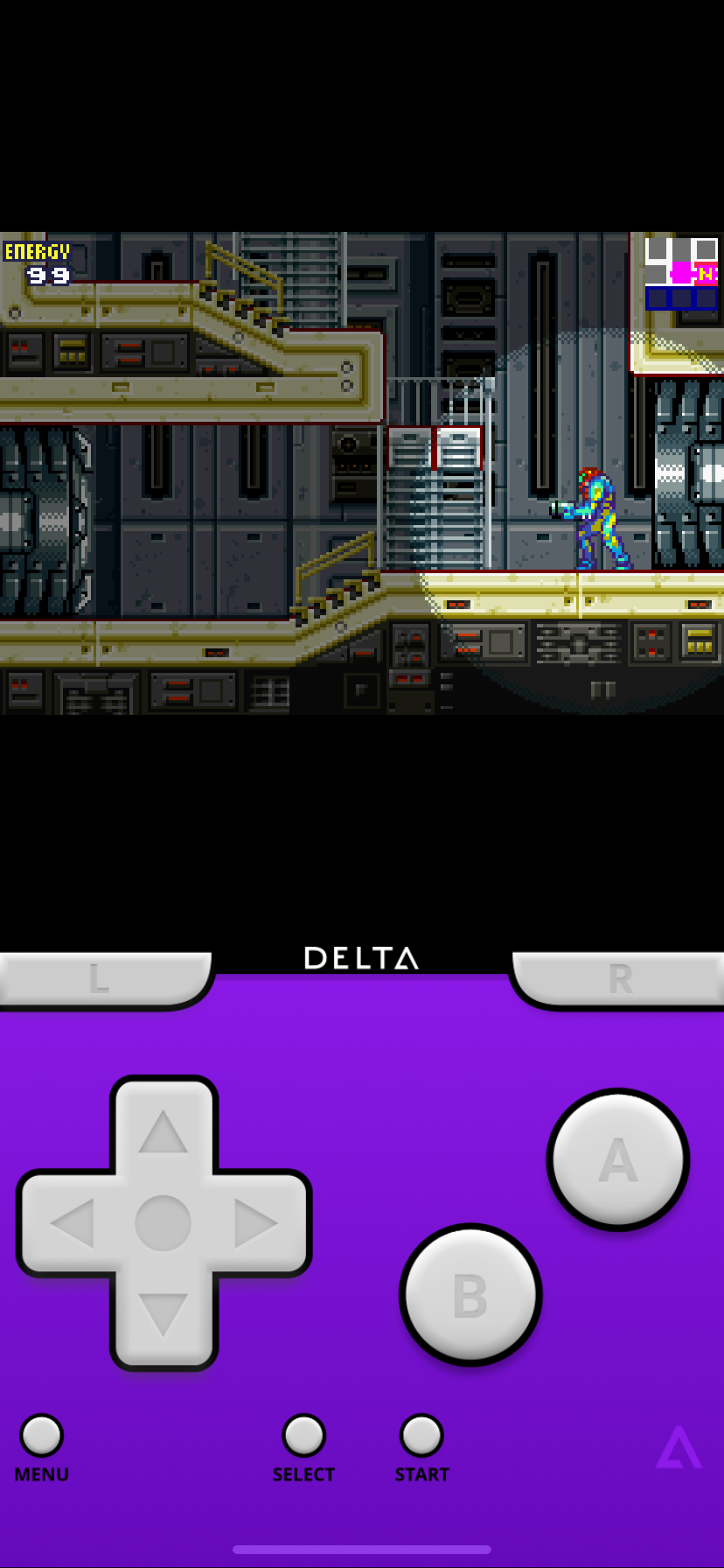 Playing Metroid Fusion GBA game with Delta emulator on iOS.
