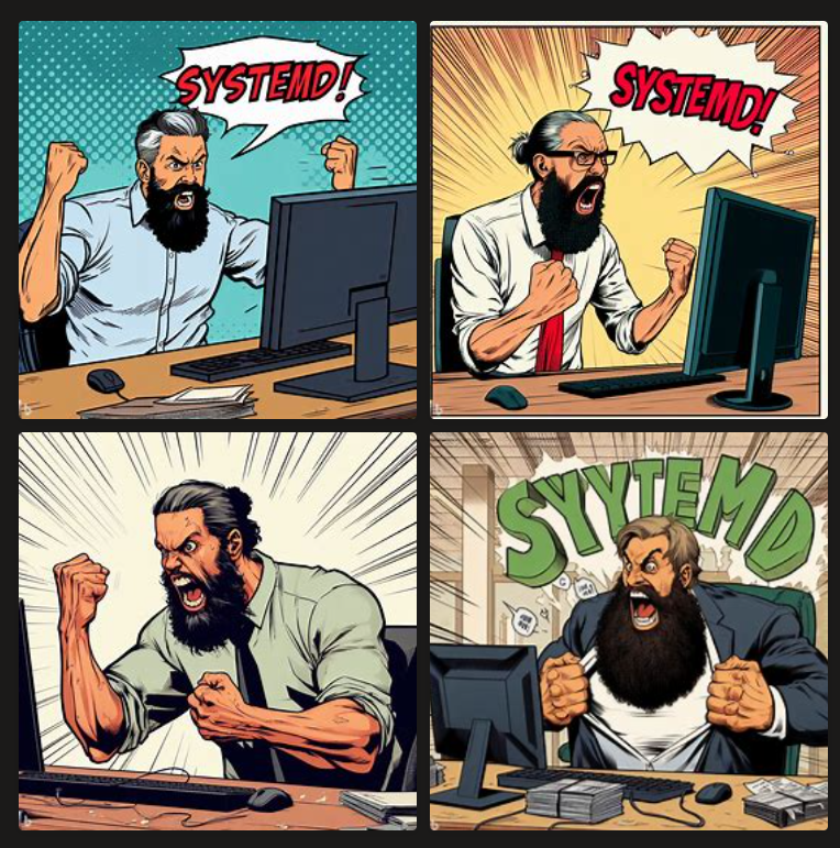 AI generated image of a man with a big beard thumping his fists on his desk and yelling 