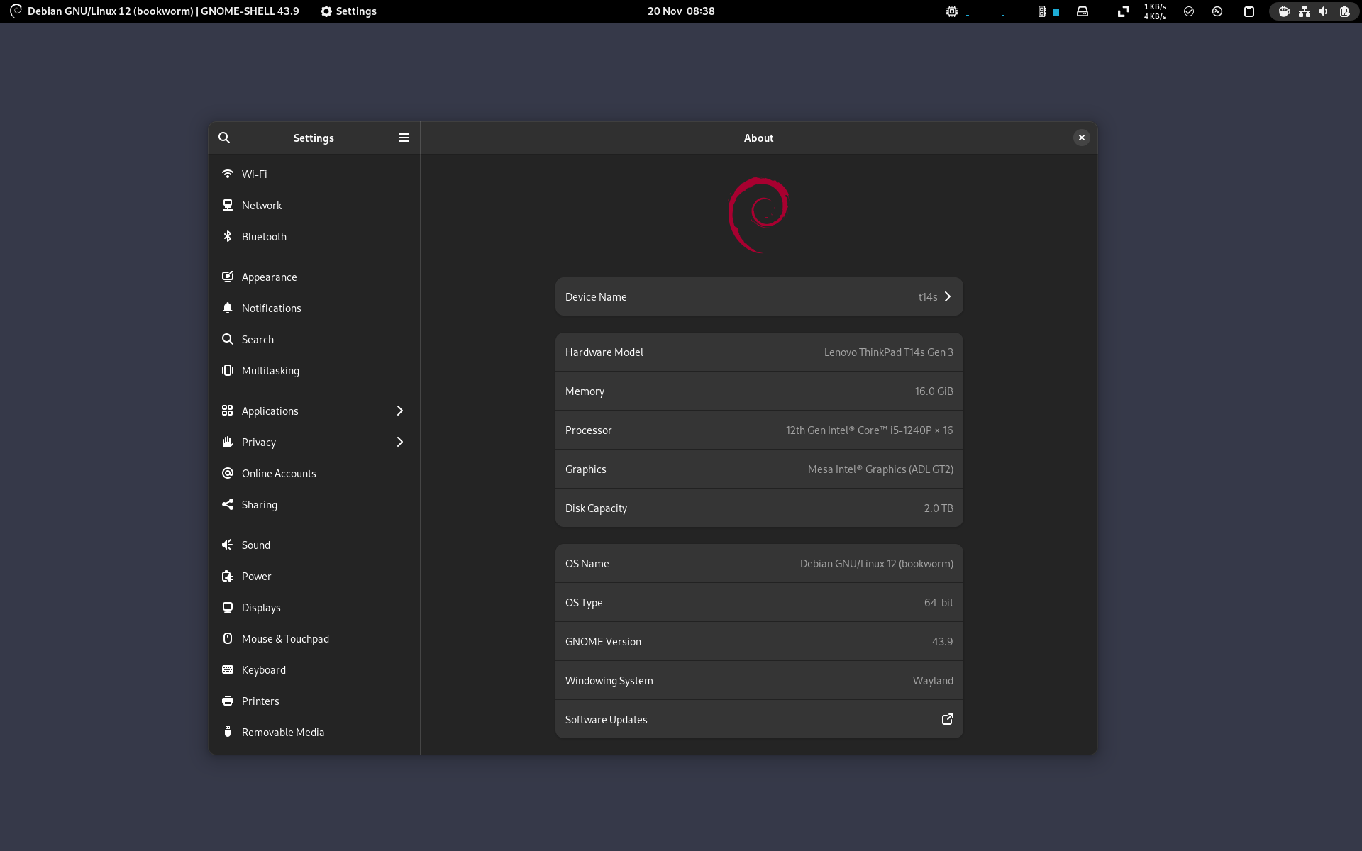 Screenshot of my Debian 12 (bookworm) GNOME desktop.