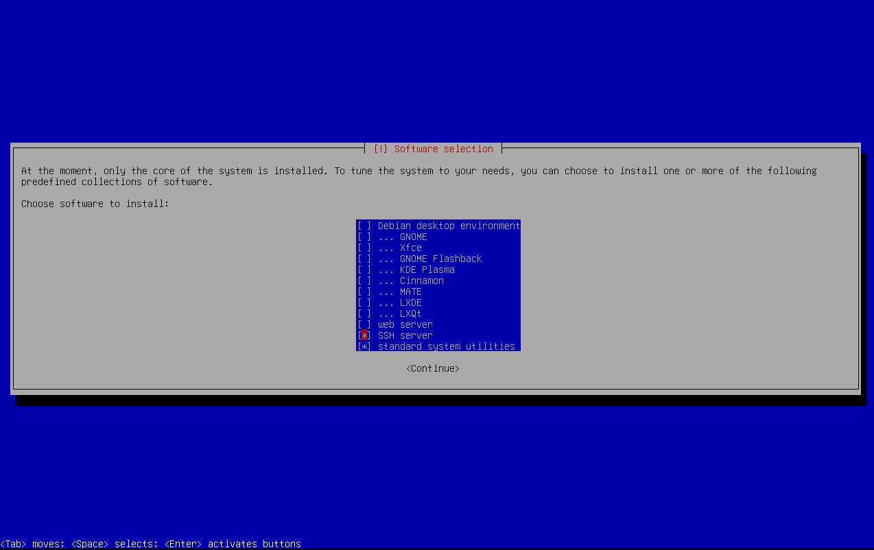 Screenshot of tasksel showing SSH server and Standard System Utilities selections