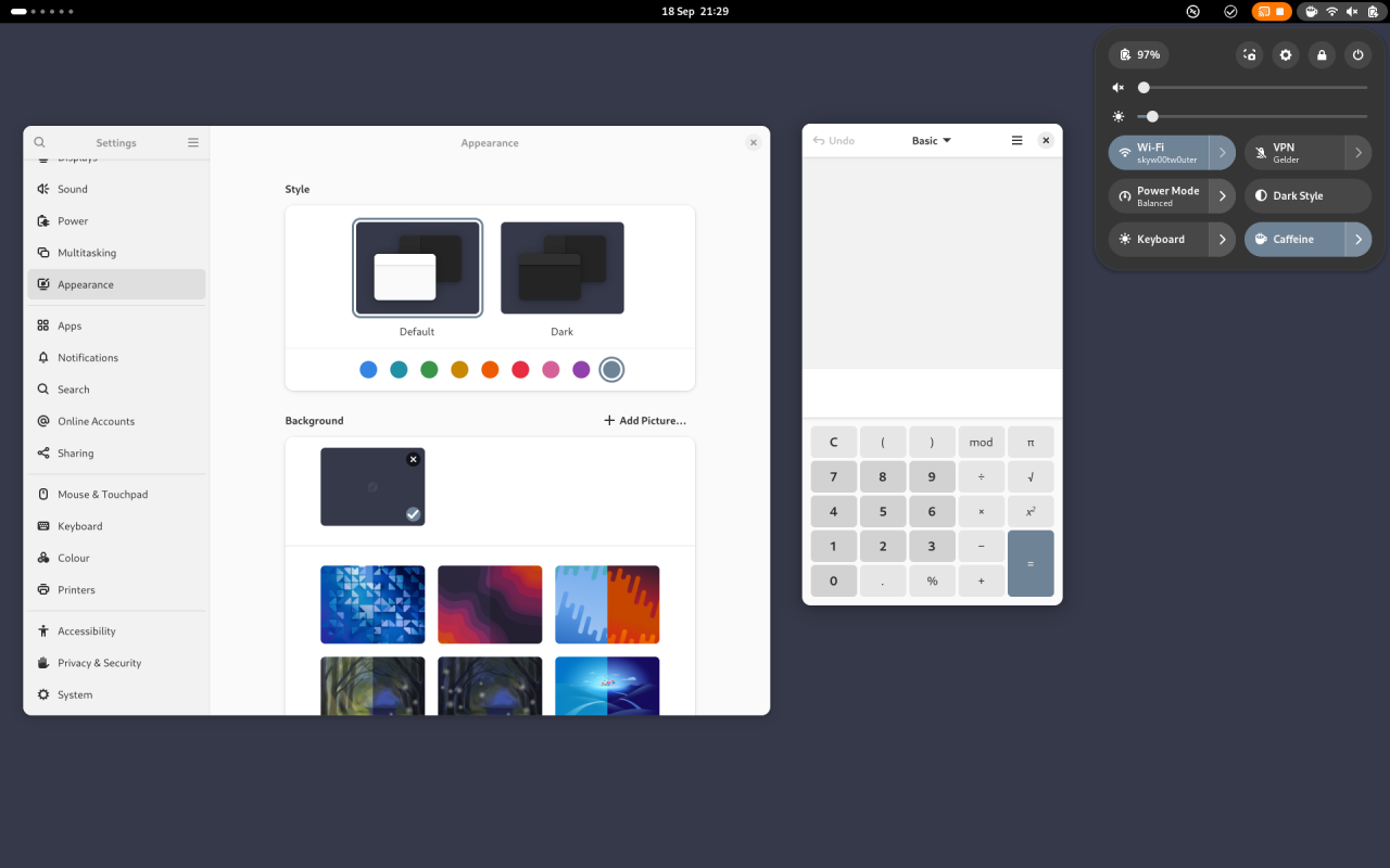 GNOME desktop showing new accent colours in GNOME settings app.