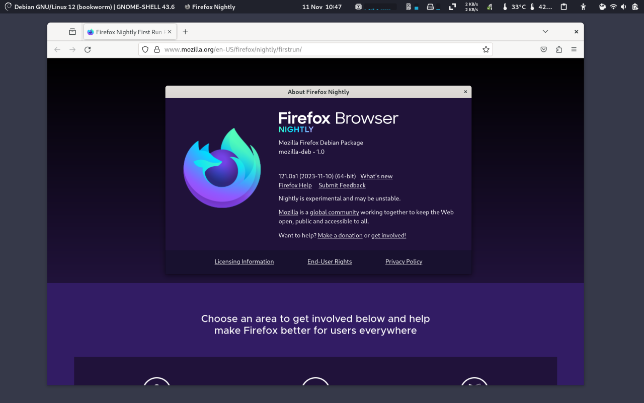 Firefox Nightly (installed via Mozilla's .deb package) running under Debian Bookworm.
