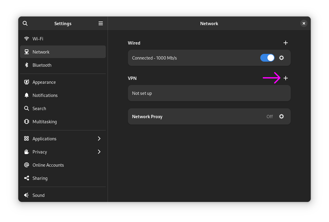 Screenshot of GNOME settings app showing where to click to create a new VPN connection.