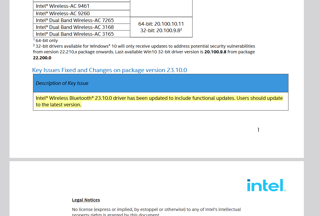 Screenshot of Intel's Release Notes showing a not very helpful note. 