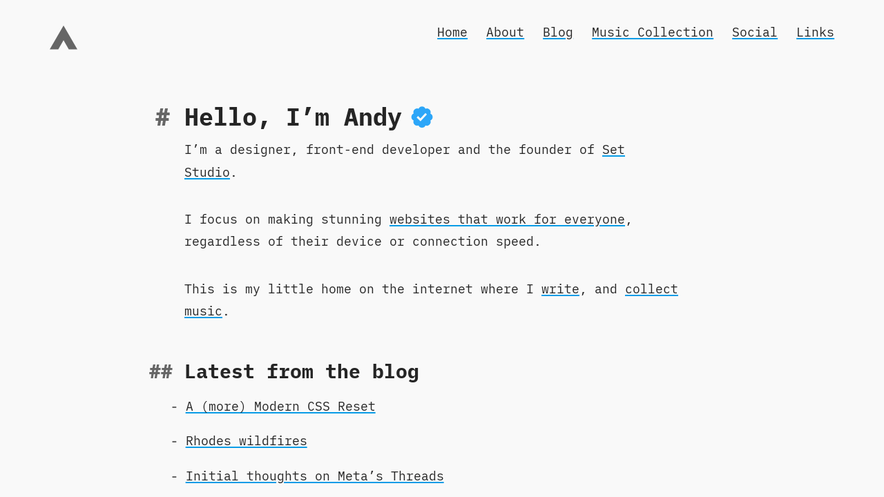 Screenshot of Andy Bell - Designer, front-end developer and founder of Set Studio