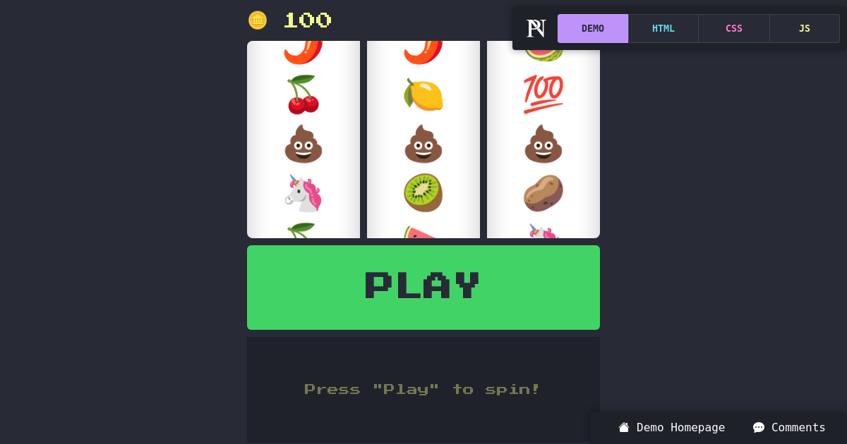 Screenshot of JavaScript Emoji Slot Machine