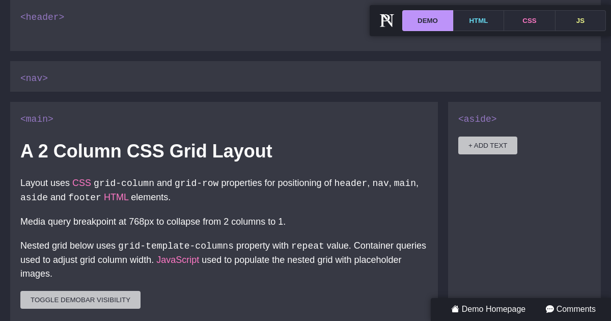 Screenshot of CSS Layout: 2 Column CSS Grid with Nested Grid