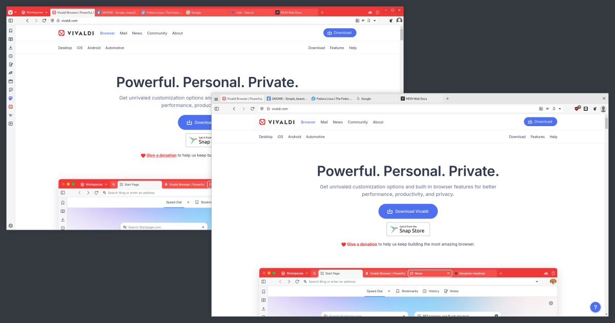 Image showing Vivaldi browser before and after being personalised.