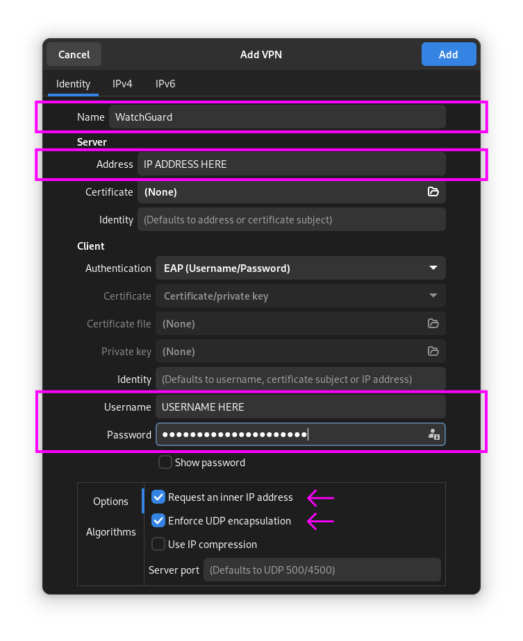 Screenshot of GNOME settings app showing VPN identity settings.